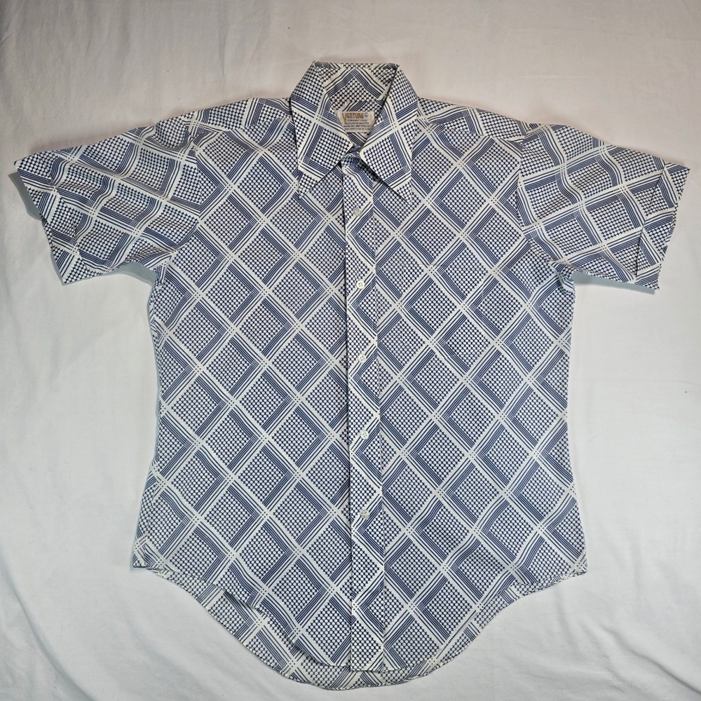 Vintage Venture Mens Blue White Geometric Diamond Print Short Sleeve Shirt Large